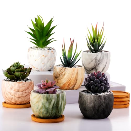 Ziliny Marbling Ceramic Flower Pot 3.35 Inch Succulent Small Plant Cactus Herbs Planter Ceramic Pot with Drainage Hole Matte Round Container(6 Pcs,Elegance Style)