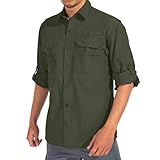 Mens Safari Shirts Long Sleeve UV Protection Hiking Fishing UPF 50+ Quick Dry Cooling Camping Travel Shirts#5066-Army Green-L