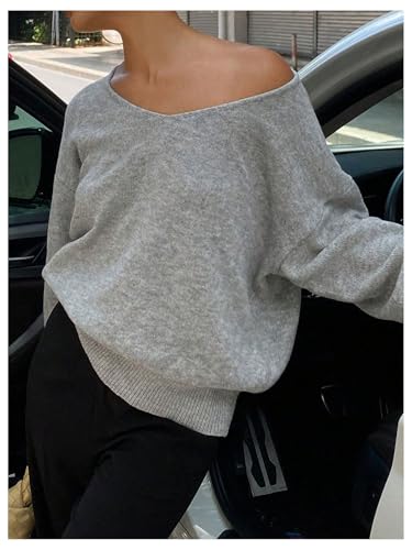Women's V Neck Knit Sweater Long Sleeve Lightweight Off The Shoulder Sweaters Pullovers Trendy4