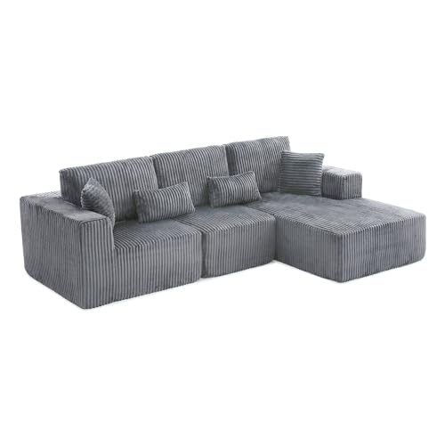 Image of L Shaped Modular Boneless Sectional Couches for Living Room, Wide Armrest, Deep Seat, Memory Foam, Assembly Free, Modern Comfy Corduroy Fluffy Cloud Sofa with Right Chaise, Grey
