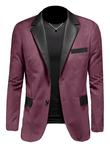 Mens Fashion Leather Contrast Collar Blazer Slim Fit Suede Single Breasted Jacket for Winter Evening Mauve XL