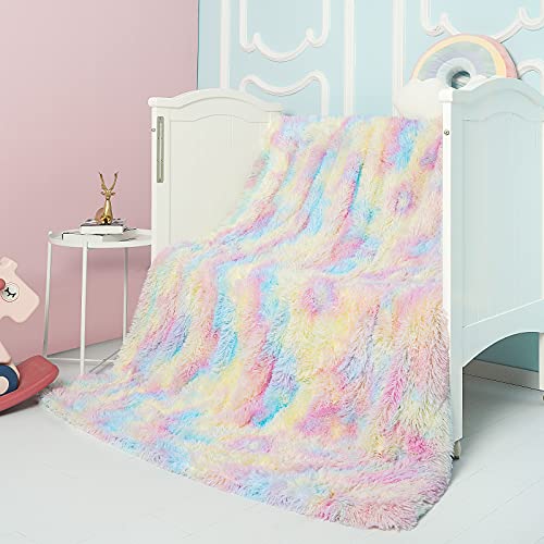 Junovo Soft Shaggy Rainbow Blanket For Girls Kids, Fuzzy Colorful Throw Blankets For Bed, Cute Fluffy Plush Blanket With Cozy Sherpa, Washable Faux Fur Rainbow Throw Blanket For Couch Sofa, 50"X60" #TOP5