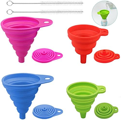4 Pcs Collapsible Funnels with 2 Pcs Clean Brush Set, 2 Sizes Kitchen Silicone Funnel Foldable Funnels Hopper Saving Space for Filling Bottles or Containers