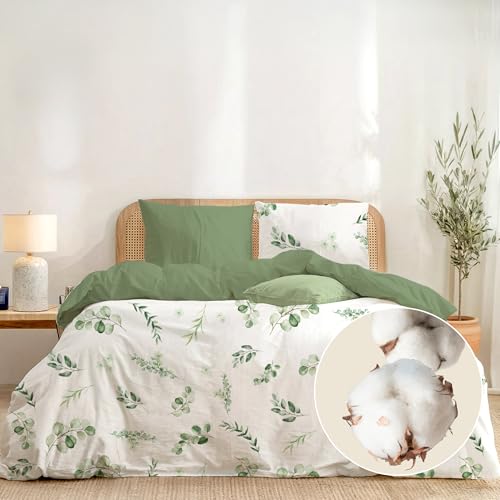Dreamzie 1 Housse de Couette 200x200 avec 2 taies 65x65 en Coton – Parure de lit Feuilles Vertes avec Fermeture éclair – Oeko-Tex & Lavable 60°C - Linge...