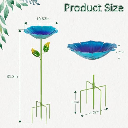 Image of 2 Pack Bird Bath for Outside, Outdoors Garden Decor Flower Birdbath | Colorful Metal Bird Bowl with Five Stakes for Hummingbird Baths & Bird Feeders, 31.3 inch H x 10.63 inch Dia (Blue,Yellow)