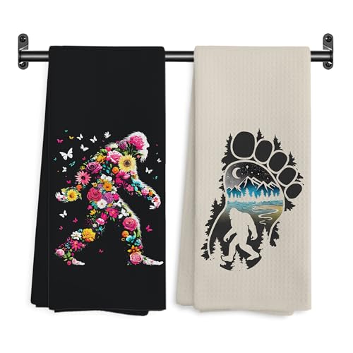 WARDOS Floral Mountain Bigfoot Kitchen Towels, Gifts for Hiking Camping Lovers Decorative Hand Towels for Bathroom Kitchen, Sasquatch Gifts Dish Tea Towel Drying Cloth, 16x24 Inch Set of 2