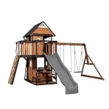 Backyard Discovery Canyon Creek 100% Cedar Wood Swing Set | Outdoor Playground for Kids | Garden Climbing Frame for Children | 1 Web Disc and 2 Belt Swings | 2.4m Wave Slide | Rock Wall | Toy Kitchen