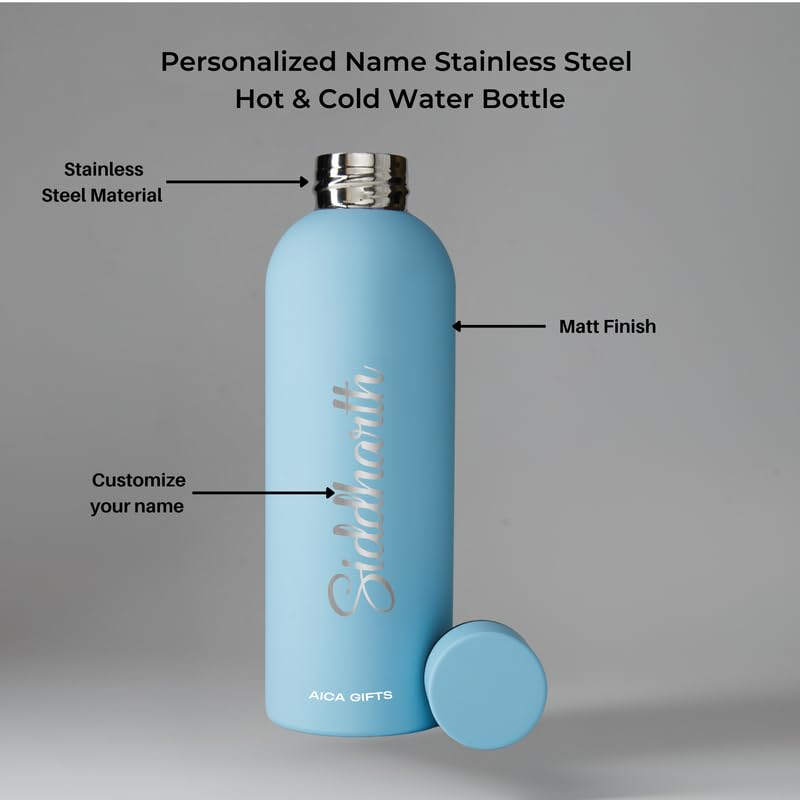 Image of AICA Personalized Name Stainless Steel Water Bottle - 500ml (Baby Blue) | Customized Birthday Anniversary Christmas Eve Secret Santa New Year Gifts for Boys Men