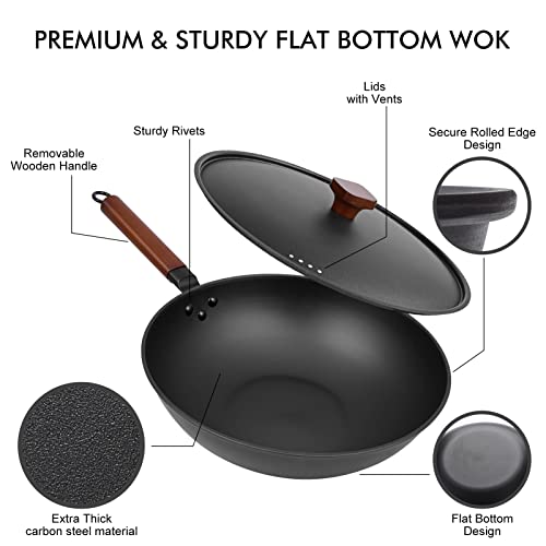 image for teewe Carbon Steel Wok Pan - 13” Wok Pan with Lid, Nonstick Woks and