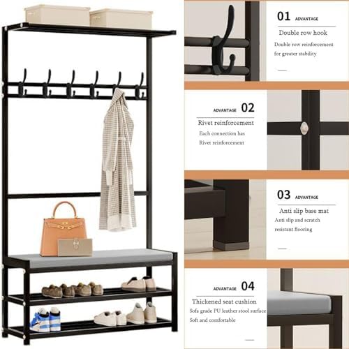 Industrial Hall Tree with Removable Hooks, 2-Tier Shoe Rack & Bench, Free-Standing Coat Stand, Entryway Storage Shelf for Living Room & Hallway nization