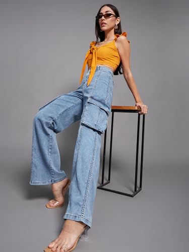 Image of Miss Chase Women's Wide-Leg High-Rise Regular-Length Stretchable Patch-Pocketed Denim Jeans (MCSS24DEN79-02-402-34, Electric Blue, 34)