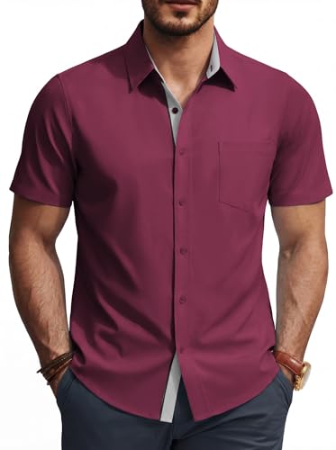 PJ PAUL JONES Mens Short Sleeve Casual Dress Shirt Solid Button Up Formal Business Shirts Lightweight Untucked Shirts XL Burgundy