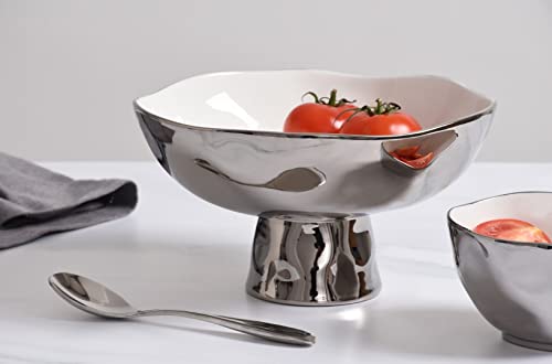 Pampa Bay Titanium-Plated Porcelain Footed Bowl, 10 Inch, Silver/White Tone, Oven, Freezer, Dishwasher Safe #TOP5
