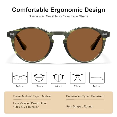 Image of CARFIA Acetate Polarized Sunglasses for Men Retro Classic Round Shades