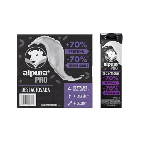 Proteínas, Alpura Pro con extra proteína Deslactosada Ultrapasteurizada en Paquete de 12 piezas de 1 Litro cada una, Fuente de proteína y Calcio, baja en grasa,...
