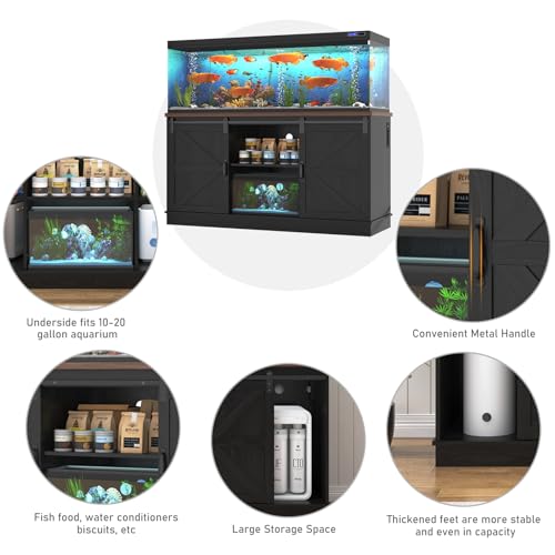 Image of Hlivelood Farmhouse 75-120 Gallon Fish Tank Stand with Power Outlet, Aquarium Stand w /Cabinet&Sliding Barn Door, Heavy Duty Reptile Tank Stand for Fish /Turtle /Reptile Terrarium, 1000LB Capacity, Black