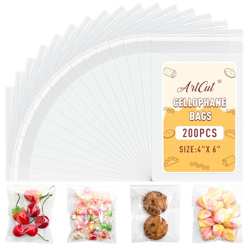 Artcut 200 PCS Cellophane Bags, 4 X 6 Cookie Bags, Self Adhesive Clear Bag, Self Seal Bag for Snacks, Gifts, Jewellery
