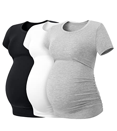LAPASA Lot de 3 T-Shirts de Maternité Femme Vêtements de Grossesse Maillot de Corps Enceinte Manches Courtes L55 1 Noir, 1 Gris Chiné, 1 Blanc Cassé M