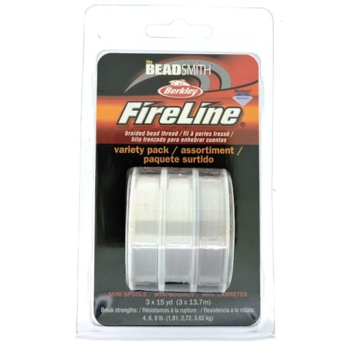 The Beadsmith Fireline by Berkley, Micro-Fused Braided Thread, 3-Pack, Crystal Color, 4lb., 6lb., & 8lb. Test, 15 Yard Spools