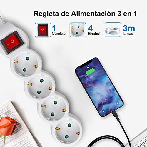 EXTRASTAR Regleta alargador de 3 Metros con 4enchufes e Interruptor Blanco - Image 5