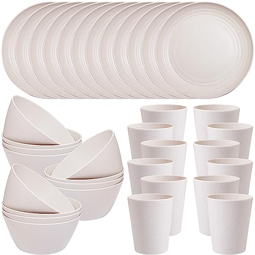 LIYH 36 Pcs Wheat Straw Dinnerware Set of 12, Plates and Bowls Set, Plastic Plates Reusable,Camping Plate Dishes,Dishwasher Safe Wheat Straw Plate (Beige)