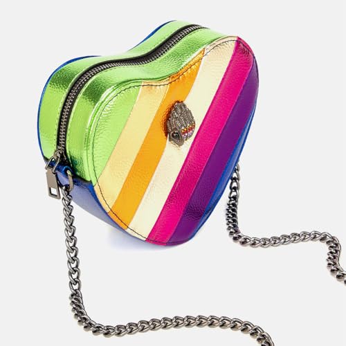 Image of Rejolly Rainbow Stripe Heart Shaped Purse for Women Crossbody Bag Metallic PU Leather Shoulder Bag