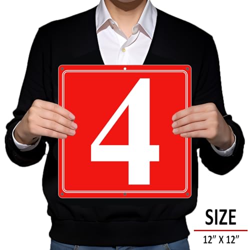 Image of Premium Aluminum Number Signs 4, Metal 12 inch X 12 inch Red Numbered Signs Outdoor for Parking Lots, Floor, Dock, Court, Aisle, Field, High Visibility, No Fade, Weather-resistant