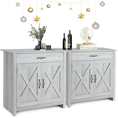 HOMHUM Set of 2 Buffet Sideboard with Doors, Modern Farmhouse Kitchen Storage Cabinet with Drawer and Adjustable Shelf, Coffee Bar Cabinet for Kitchen, Dining Room, Bathroom, Entryway, Grey Cover
