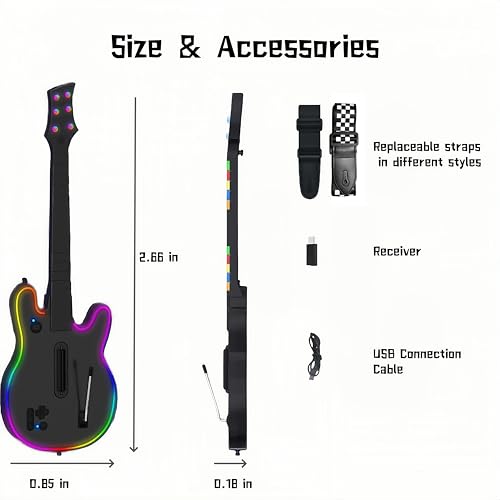 Image of Lyvix Wireless Guitar Hero Controller with RGB Lighting, Compatible with PS4 /PS3 /PC, Supports Guitar Hero 3 /4 /5, Rock Band 1 /2, Clone Hero, Fortnite Festival, Checkered Strap & Audio Jack - Black Checkered
