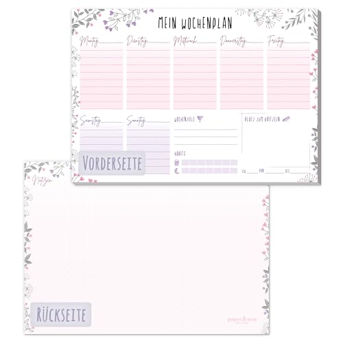 paper&you® A5 Wochenplaner Block [Blumen] 50 Seiten inkl. Notizblock auf der Rückseite - klimafreundlich und nachhaltig