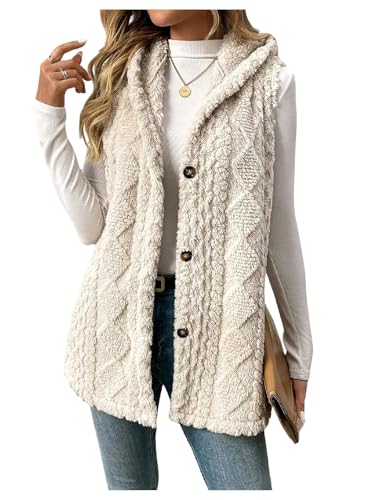 GORGLITTER Women's Button Down Fuzzy Coats Oversized Textured Sleeveless Trendy Hooded Vest Fall Outerwear