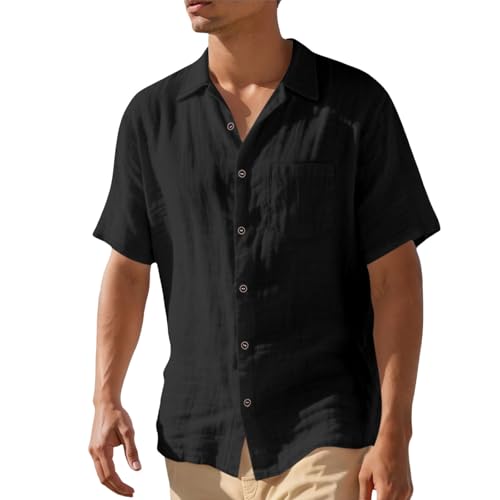 Generisch Camisa de hombre ligera y transpirable, camisa de lino de manga corta, camisa cubana de verano cómoda para la playa, camisa informal para hombre, monocolor, camisa haiwaii, camisa deportiva