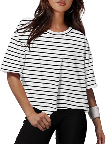 XIEERDUO White and Black Striped Shirt Summer Tops Oversized Crop Tops for Women Short Sleeve Crew Neck Boxy Tee Shirts M
