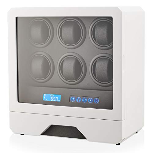 Watch Winder for 6 Automatic Watches with LED Backlight, LCD Display, Remote Control and the Storage Drawer for Watches and Jewelry (White + Black) by Leader WATCH WINDERS - Used condition - US$459.08