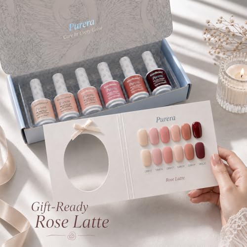 Image of AZUREBEAUTY 6 Colors 15ml HEMA Free Purera Gel Nail Polish Set, Same Color Bottles, Soak Off UV LED Gel Polish Kit Nail Art for DIY at Home Manicure Salon Gifts, Nude Pink Beige Burgundy Red