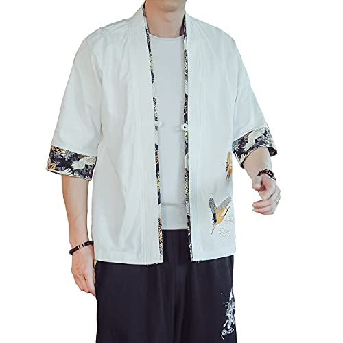 Image of PRIJOUHE Men's Kimono Jackets Cardigan Lightweight Casual Cotton Blends Linen Seven Sleeves Open Front Coat Outwear