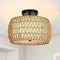 Airposta Boho Light Fixtures Ceiling Mount, Rattan Semi Flush Mount Ceiling Light, Farmhouse Light Fixtures with Fabric Shades, Kitchen Close to Ceiling Light Fixtures for Living Room Bedroom Hallway