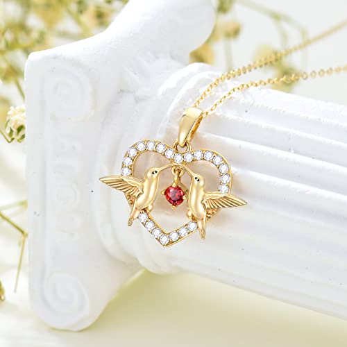Muuyon 14K Gold Heart Necklace For Women, Real Yellow Gold Hummingbird Heart Pendant Necklace With Dancing Ruby, For Girls Ladies Mom Sisters, 16"+1"+1" #TOP2