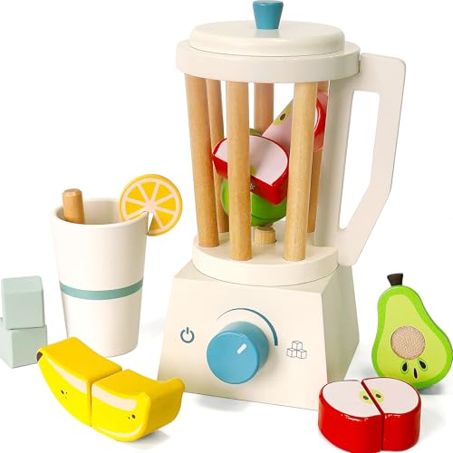 image for PairPear Wooden Smoothie Blender Toy – 14 Piece Kids Kitchen Accesso
