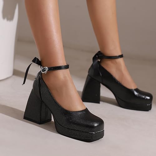 Alyaafifa Chunky Heel Ankle Strap Platform Pumps for Women with Bow Closed Square Toe High Heel Dress Shoes Stylish Elegant Party Wedding Prom Evening Event2