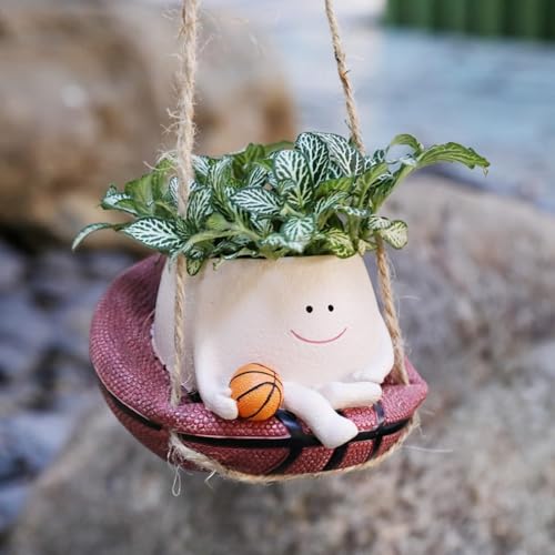 Image of Hanging Swing Face Planter | Cute Resin Pot with Basketball Design | Indoor Outdoor Decorative Basket Planter for Balcony, Garden, Home, Office | No Plants or Floral Included
