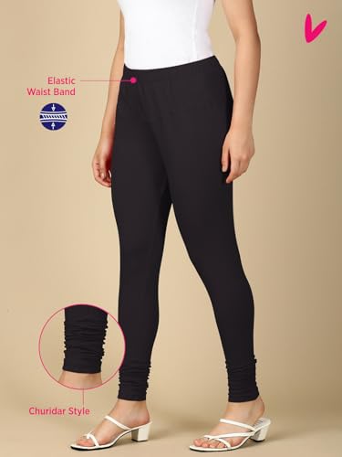 Image of Lux Cozi PYNK Solid Premium Cotton Lycra Churidar Leggings for Women | Regular Fit Elastic Waist Full Length Women Leggings | Free Size
