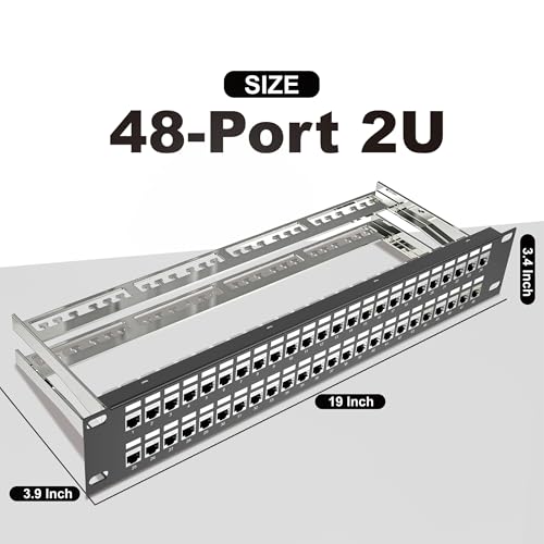 Image of Jadaol [UL Listed] 48-Port Shielded Cat6A Patch Panel, 19 inch 2U Rackmount /Wall Mount Feed-Through RJ45 Panel with 48 Preloaded Shielded Keystone Couplers + 2 Spare, Up to 10Gbps, Cable Management Bar