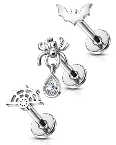 Cocharm 3Pcs Bat Spider Cartilage Earring 16g Flat Back Cartilage Piercing Jewelry Halloween Helix Jewelry 8mm Silver Web Conch Stud Funny Labret Stud for Women Men