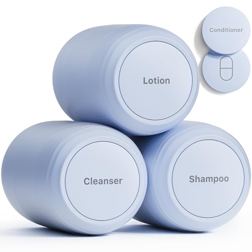 New Travel Toiletry Containers [Ultra Leakproof] TSA-Approved, PLA Hard Shell Jars with 5 Magnetic Labels, Wide Mouth Bottles for Lotion, Cleanser, Shampoo, Conditioner, Blue, 3 Pack, 2OZ