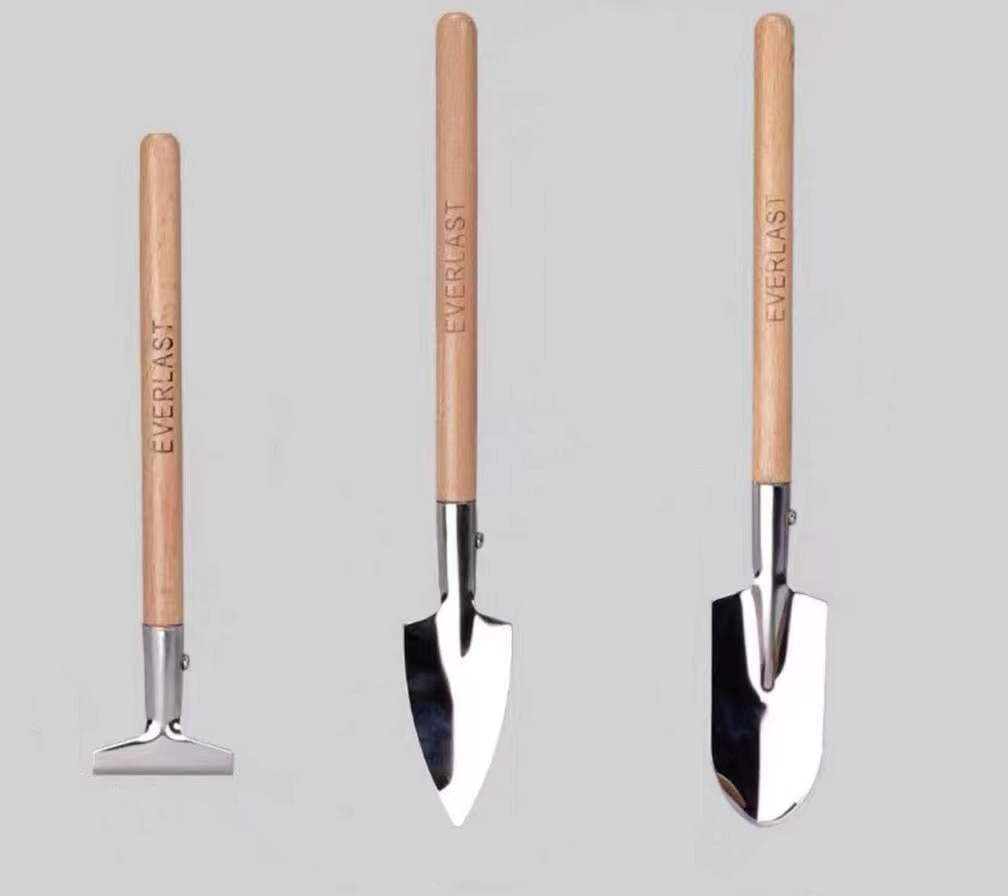 3PC Garden Tool Set Stainless Steel Basic Gardening Tools Including Hand Cultivator Pointed Shovel Round Head Shovel with Wooden Handle