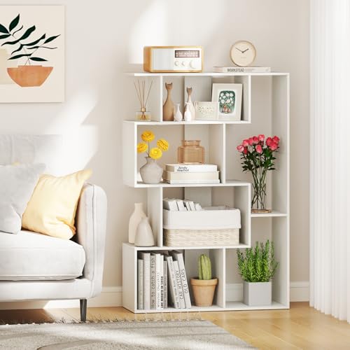 Nightcore 5-Tier Geometric Bookshelf, 47” Tall Modern S-Shaped Bookcase with 6 Storage Cubes, Freestanding Storage Organizer Display Rack for Living Room, Bedroom, Home Office (White)