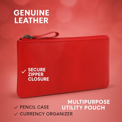 Image of Red Genuine Leather Pencil Case for Men & Women - Small Pen Case (8 inch x 4 inch Inch), Coin Pouch, Cash Holder, Multipurpose Leather Accessory Pouch with Zipper for Pens, Pencil & Currency
