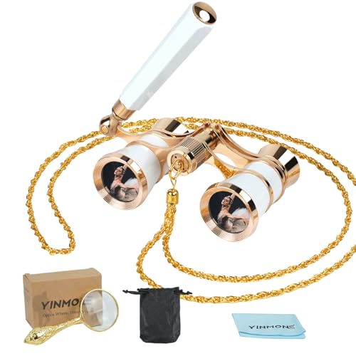 Retro Opera Glasses 3X25 with Adjustable Handle Chain&Real Magnifying Glass Optical Lens Mini Compact Vintage Theater Binoculars for Women YINMONE Adults Kids in Opera Musical Concerts-White