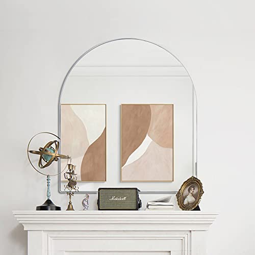 Teebarn 30X34” Chrome Arched Bathroom Mirror Wall Mirror With Metal Frame For Mantel Fireplace Dresser Arched Top Vanity Mirror #TOP4